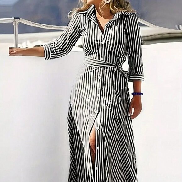 Black Boho Womens Striped Belted Shirt Dress - Picture 1 of 5